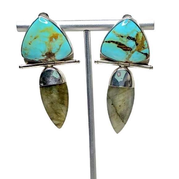 VINTAGE Sterling Silver Turquoise Labradorite Omega Back Earrings - Picture 8 of 15